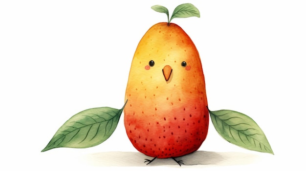 Cute mango Happy Fruit on white background with a smile in childrens illustration style