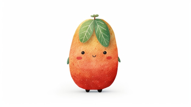 Cute mango Happy Fruit on white background with a smile in childrens illustration style