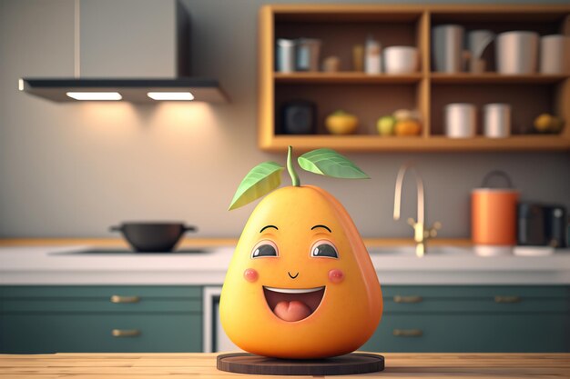 Cute mango sweet smile at kitchen 3D render style AI Generated illustration