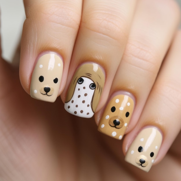 cute manicure with puppies on the female fingers closeup Beige colors nail art