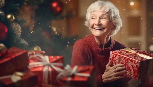 Милая зрелая женщина счастлива давать и получать рождественские подарки