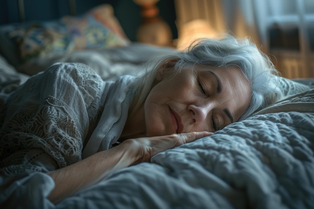 cute mature woman sleeping on bed