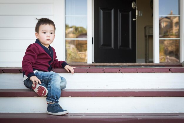 Photo cute melancholy mixed race boy sitting on front porch steps