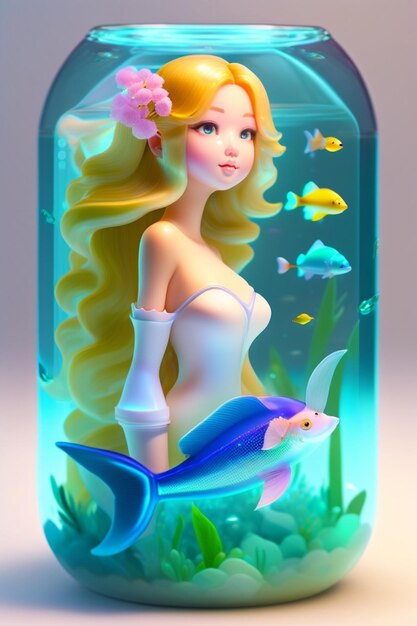 Cute mermaid in aquarium