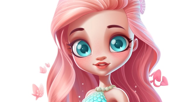 Cute mermaid doll with beautiful blue eyes and long pink hair