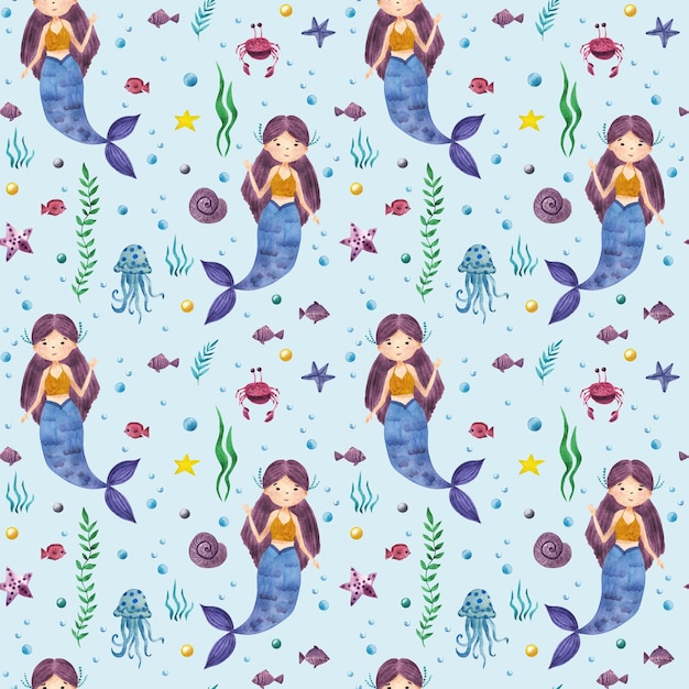 Photo cute mermaids seamless watercolor pattern