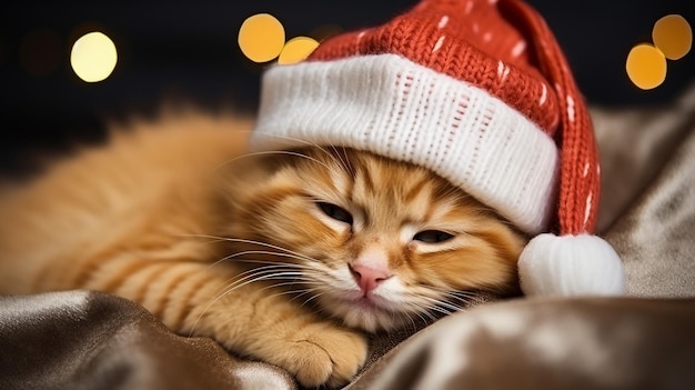 Cute merry Christmas winter pet kitten ginger cat