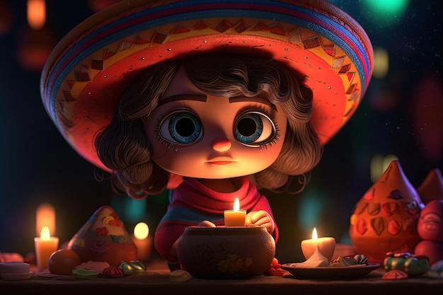 Cute mexican girl in sombrero and sombrero holding a candle Chibi art Nft style