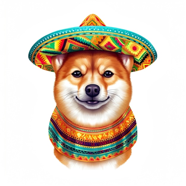 Cute mexican shiba inu dog in sombrero generative ai illustration