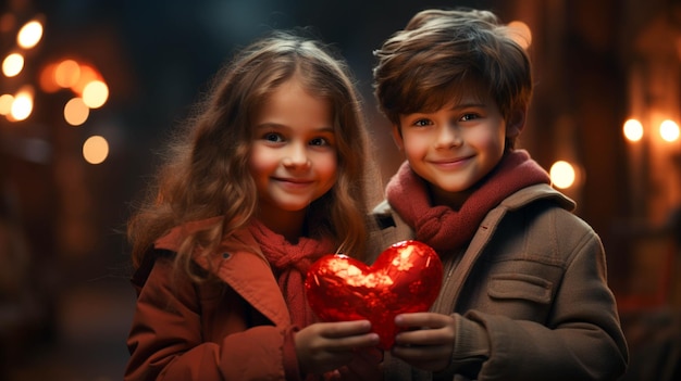 A cute middle age girl and boy and a love heart sign to their hand valentine background