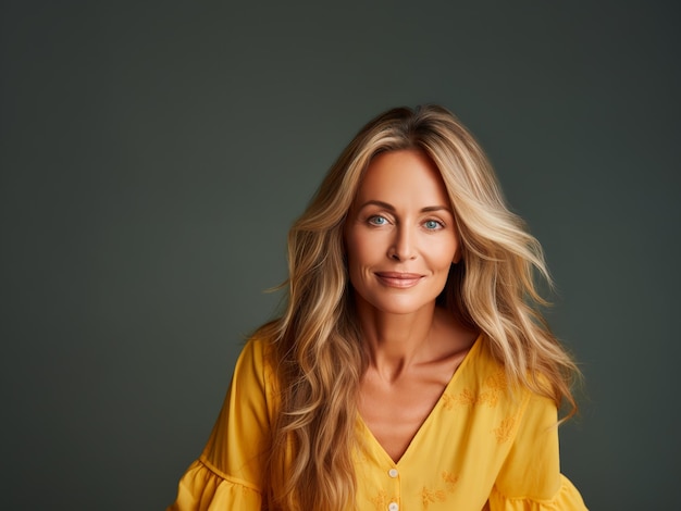 Cute middle aged woman smiling in yellow dress