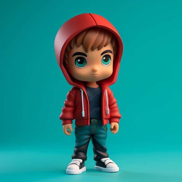 Милый мини-мальчик в роли фанко-поп-фигуры в красной куртке и синих брюках