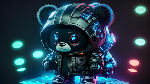 Cute mini panda cyberpunk background Generative AI