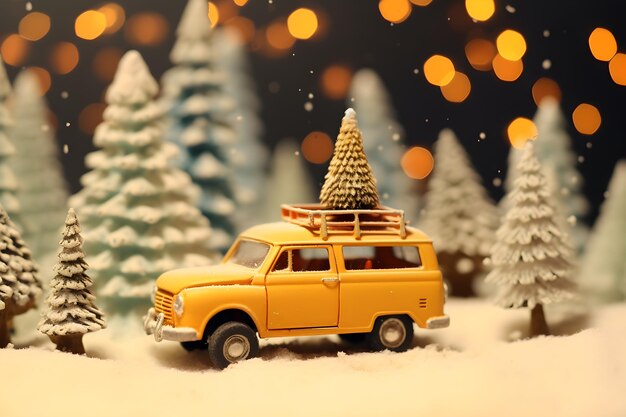 Cute miniature car in christmas snowing background