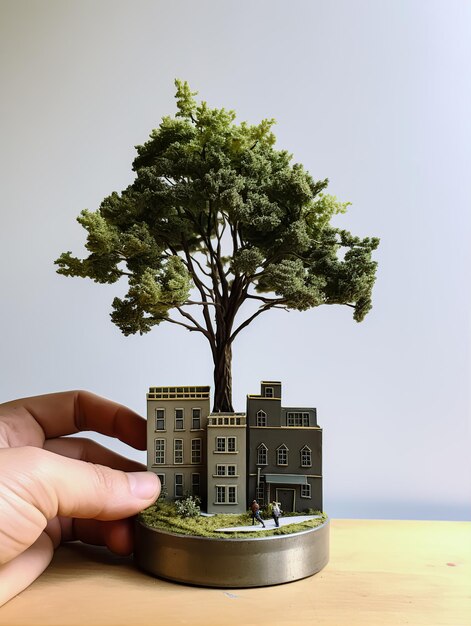 Photo cute miniature tree gray cityscape