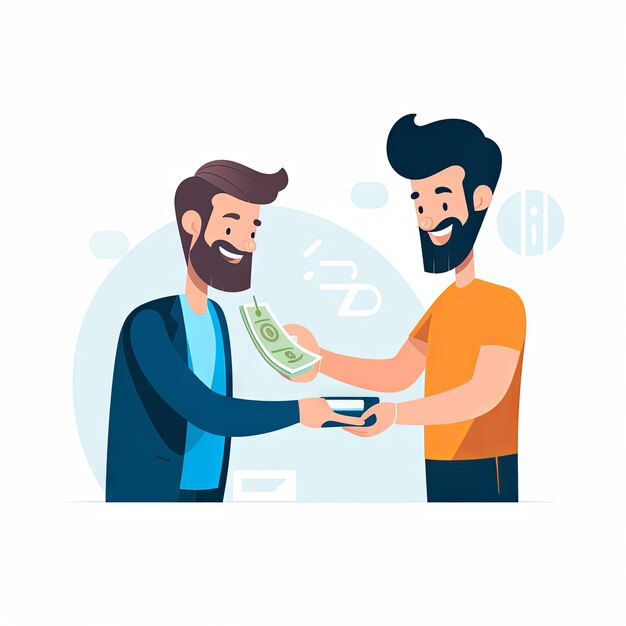 cute minimalist cartoon a man exchanging money cash for a haircut