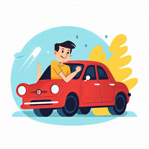 Photo cute minimalist cartoon a man excitedly exploring the features of his new car