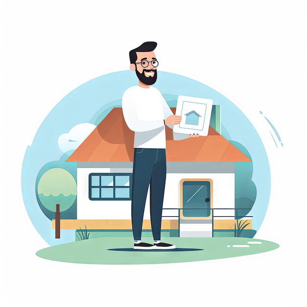 Photo cute minimalist cartoon a man proudly holding the deed to his new house