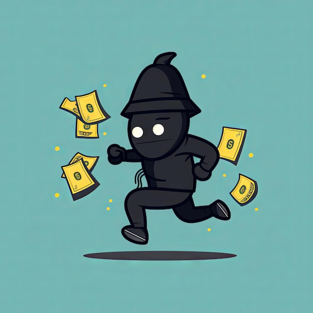 cute minimalist cartoon a money cash escaping the grasp of a cartoonish bumbling thief