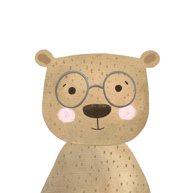 Cute minimalistic teddy bear character with glasses for children's illustration hand drawn watercolor children's hand drawn picture book picture