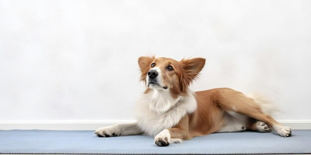 Cute mixed breed dog lying on cool mat looking up on white background with copy space Generative ai