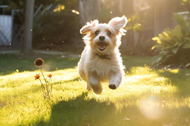 太陽の輝きで庭で走っている可愛い混血犬