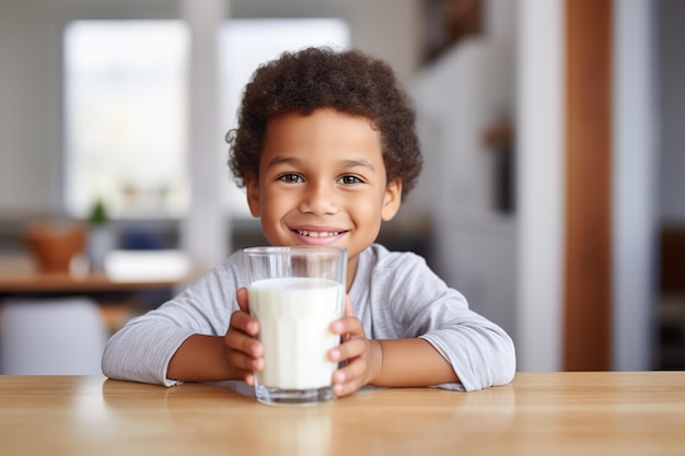 牛乳の入ったグラスを手に台所のテーブルに座っているかわいい混血の小さな男の子