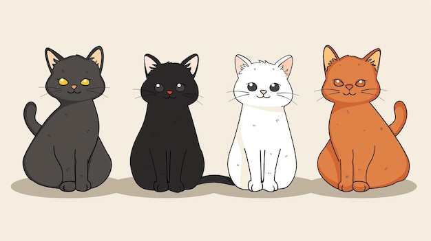 Cute modern cats sitting down White cat black cat orange cat brown cat