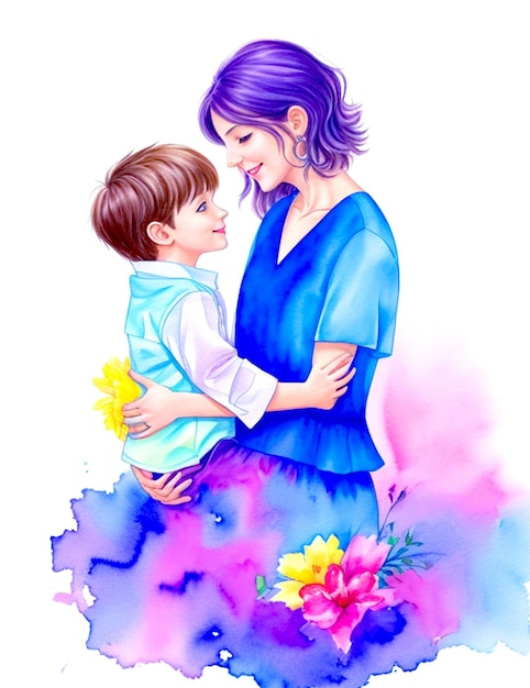 Cute mom and daughter watercolor art