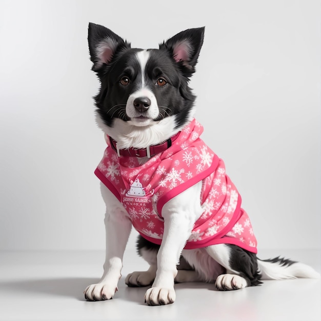 Photo a cute mongrel dog in a christmas red and green outfit isolated flat background