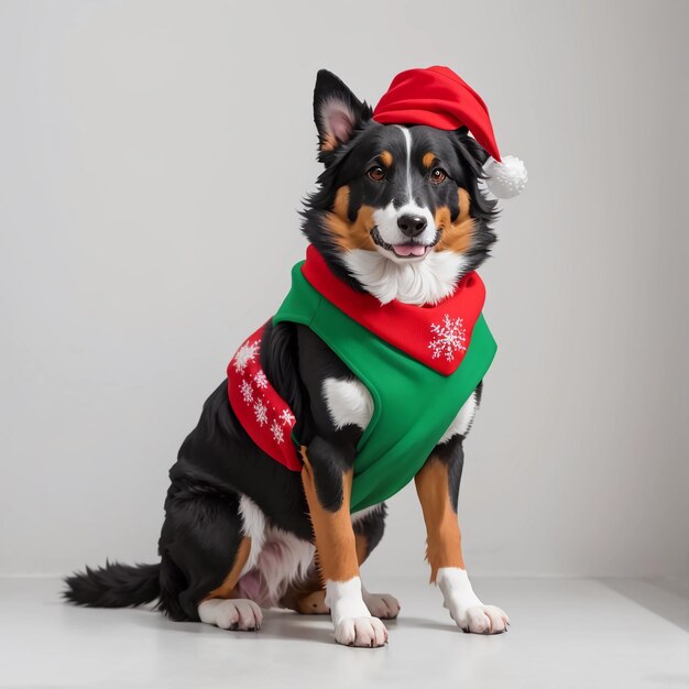 Photo a cute mongrel dog in a christmas red and green outfit isolated flat background
