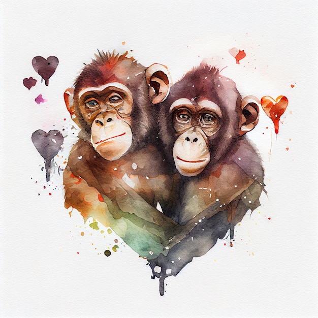 Cute monkey or ape couple in love with hearts watercolor drawing illustration