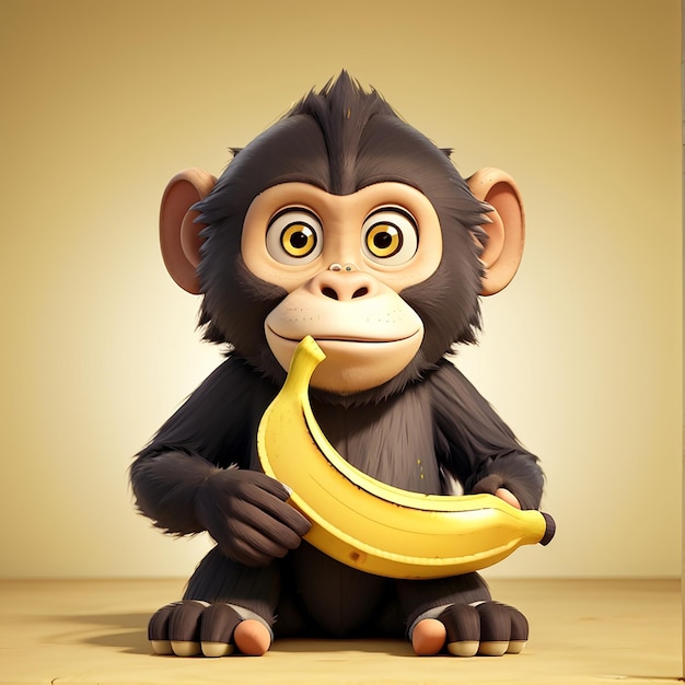 Милая обезьяна, держащая банан Карикатура Векторная икона Иллюстрация Икона животной пищи Концепция Изолированный Премиум Вектор Плоский Карикатурный стиль