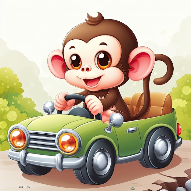 A cute monkey is driving a car