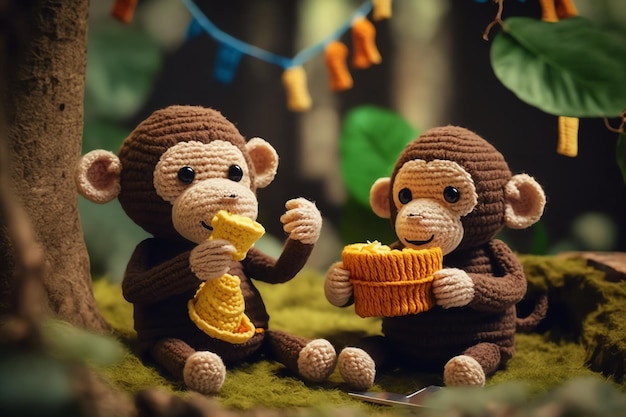 Cute monkey knitting art illustration