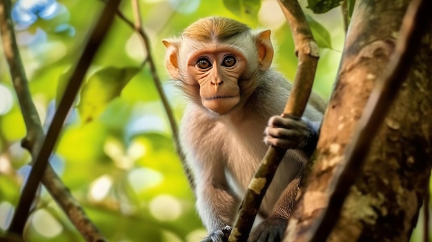 A cute monkey lives in a natural forest of Thailand