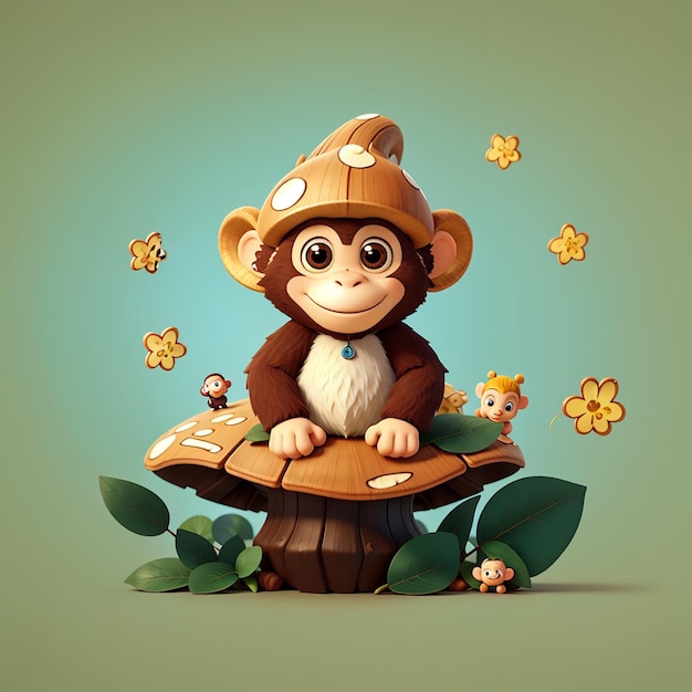 Cute monkey on mushroom cartoon vector icon illustration animal nature icon concept isolated flat