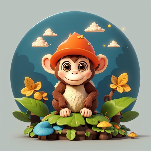 Cute monkey on mushroom cartoon vector icon illustration animal nature icon concept isolated flat