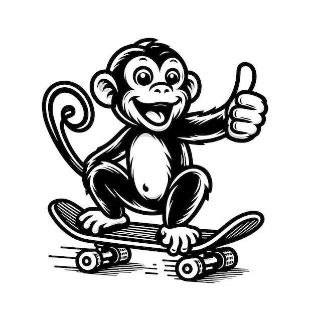 Милая обезьяна играет на скейтборде. Иллюстрация мультфильма.