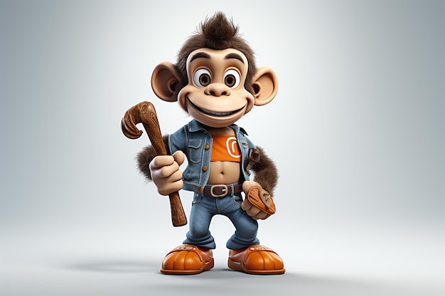 Cute monkey with baseball bat on gray background 3D illustration