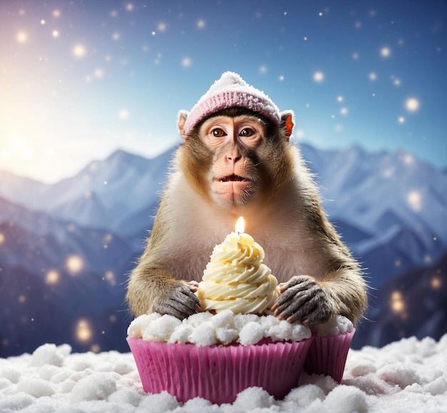 Милая обезьяна с кексом и снегом перед заснеженными горами