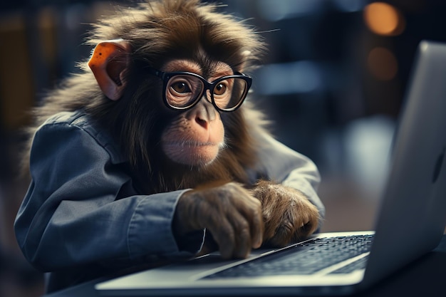 Foto una scimmia carina con gli occhiali che lavora in ufficio