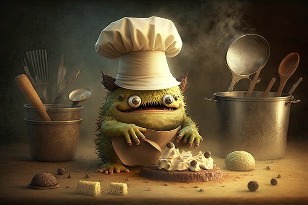 Cute monster in chefs hat and apron preparing monstersized feast