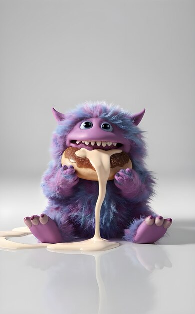 Photo cute monster eating a doughnut