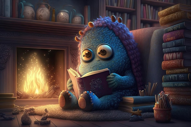 Cute monster enjoys cozy and peaceful setting surrounded by books with fireplace in the background