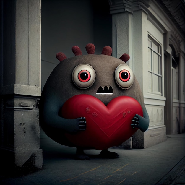 Photo cute monster holding red heart