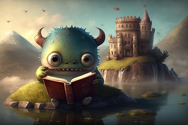 Cute monster is reading book with castle in the background