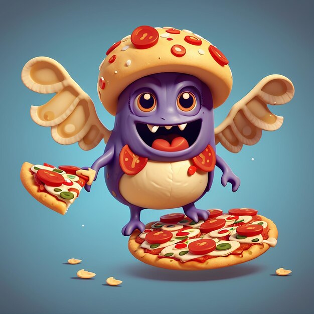 Photo cute monster pizza flying with wing cartoon vector icon illustration food object icon concept isolated premium vector flat cartoon style