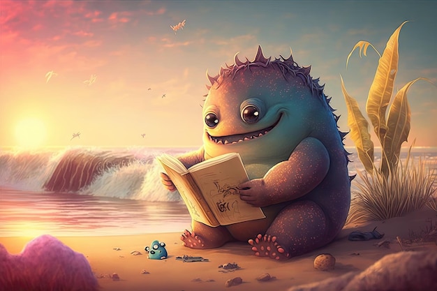 Cute monster reading on beach with view of ocean and sunset