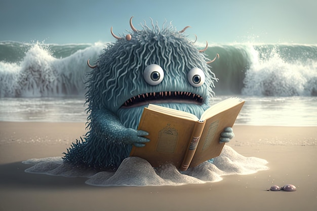 귀여운 괴물은 파도가 배경에서 부서지는 해변에서 책을 읽습니다.
